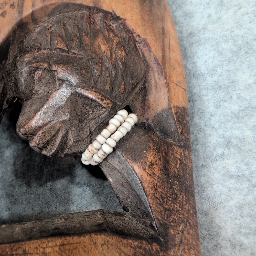 Hand Carved Wooden Tribal Wall Mask with White Bead Accents Brown Decor - Picture 3 of 7